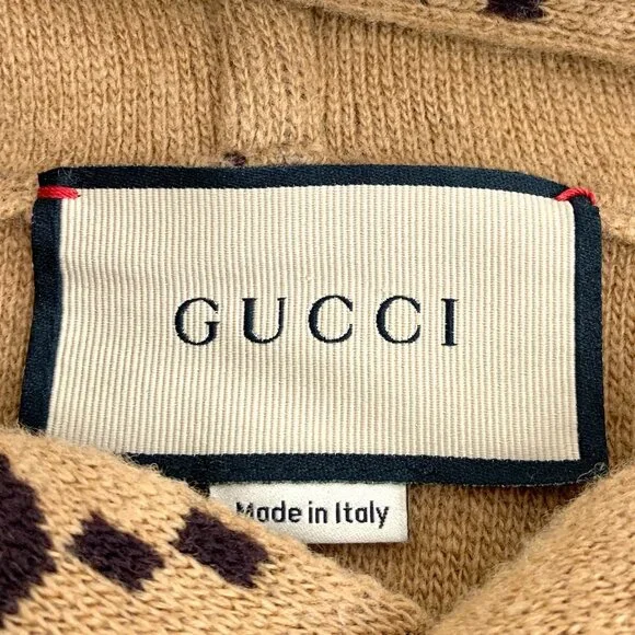GUCCI GG Logo Jacquard Wool Hooded Sweater In Camel Black XS